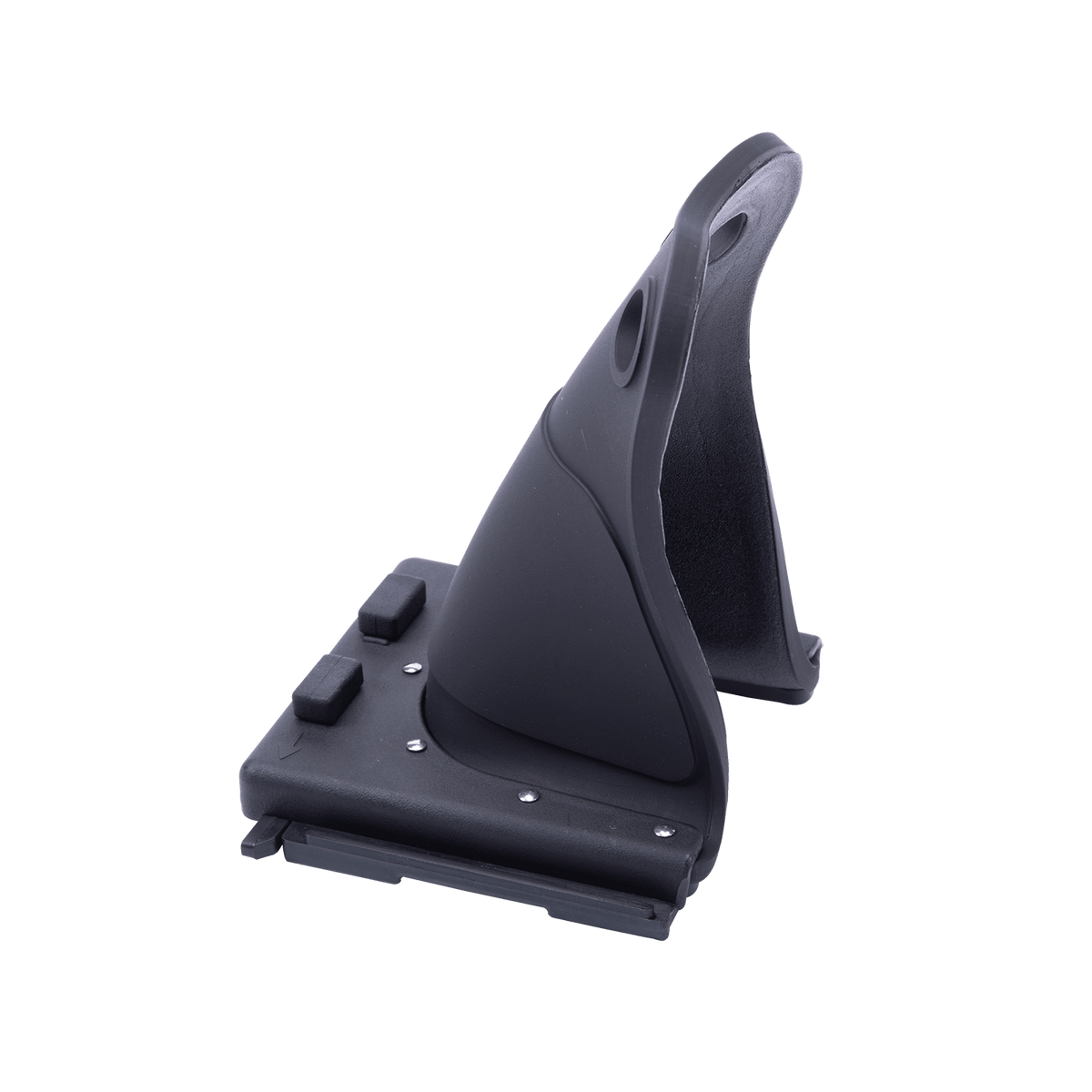 Angled rear view of Horseshoe Heel Rubber Adult in black showing padded interior and base plate.
