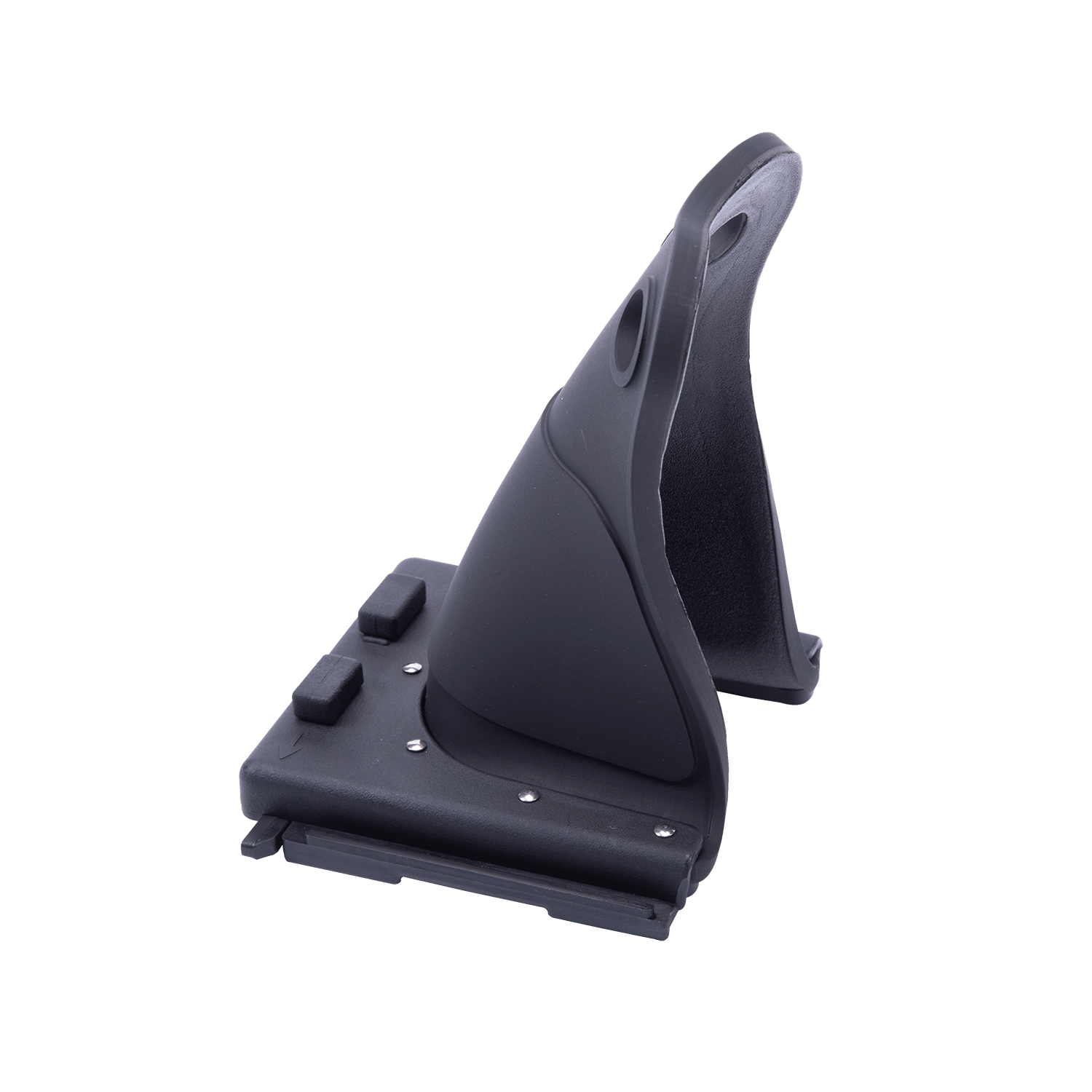 Angled rear view of Horseshoe Heel Rubber Adult in black showing padded interior and base plate.