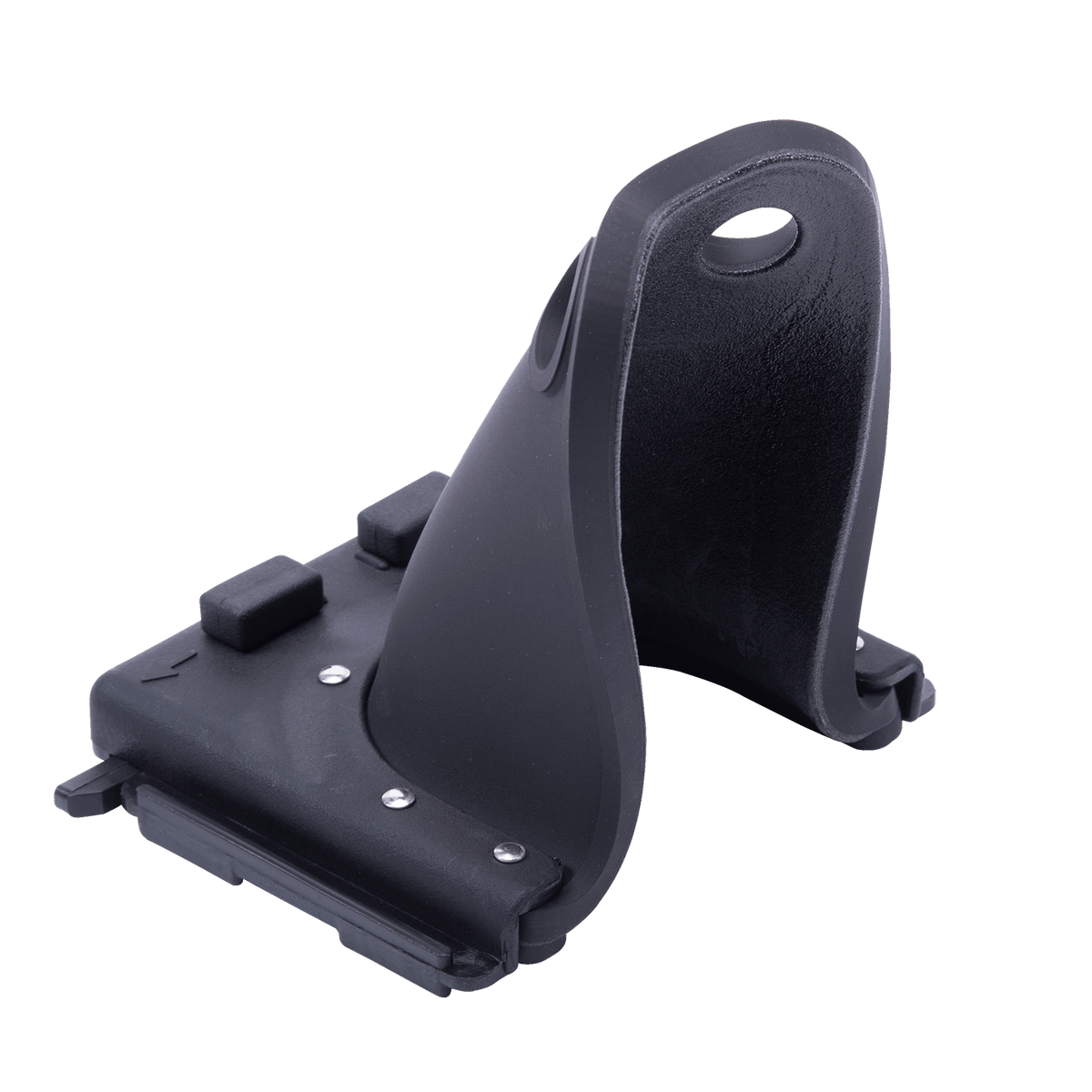 Angled rear view of Horseshoe Heel Rubber Child in black showing padded interior and base plate.