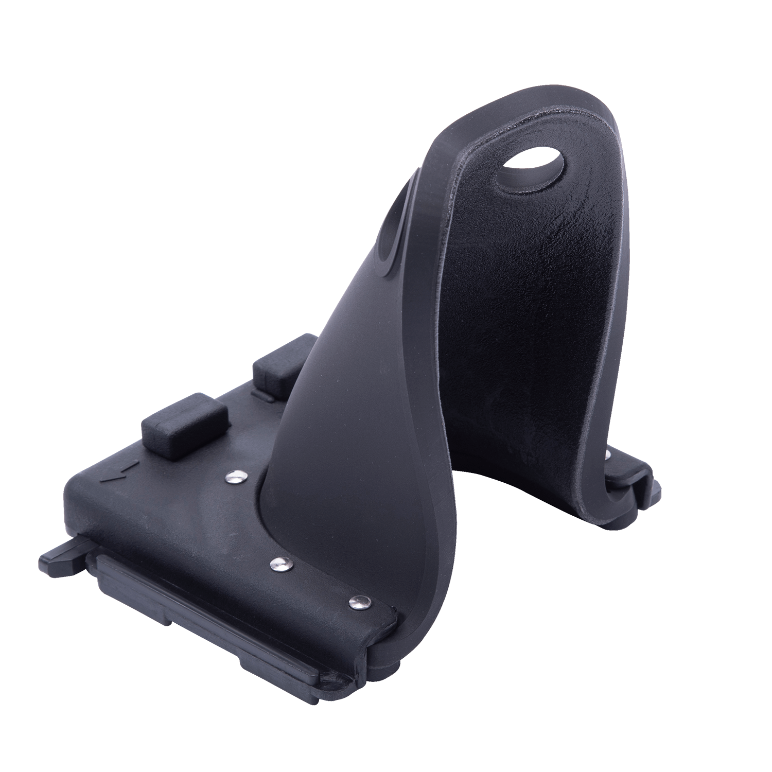 Angled rear view of Horseshoe Heel Rubber Child in black showing padded interior and base plate.