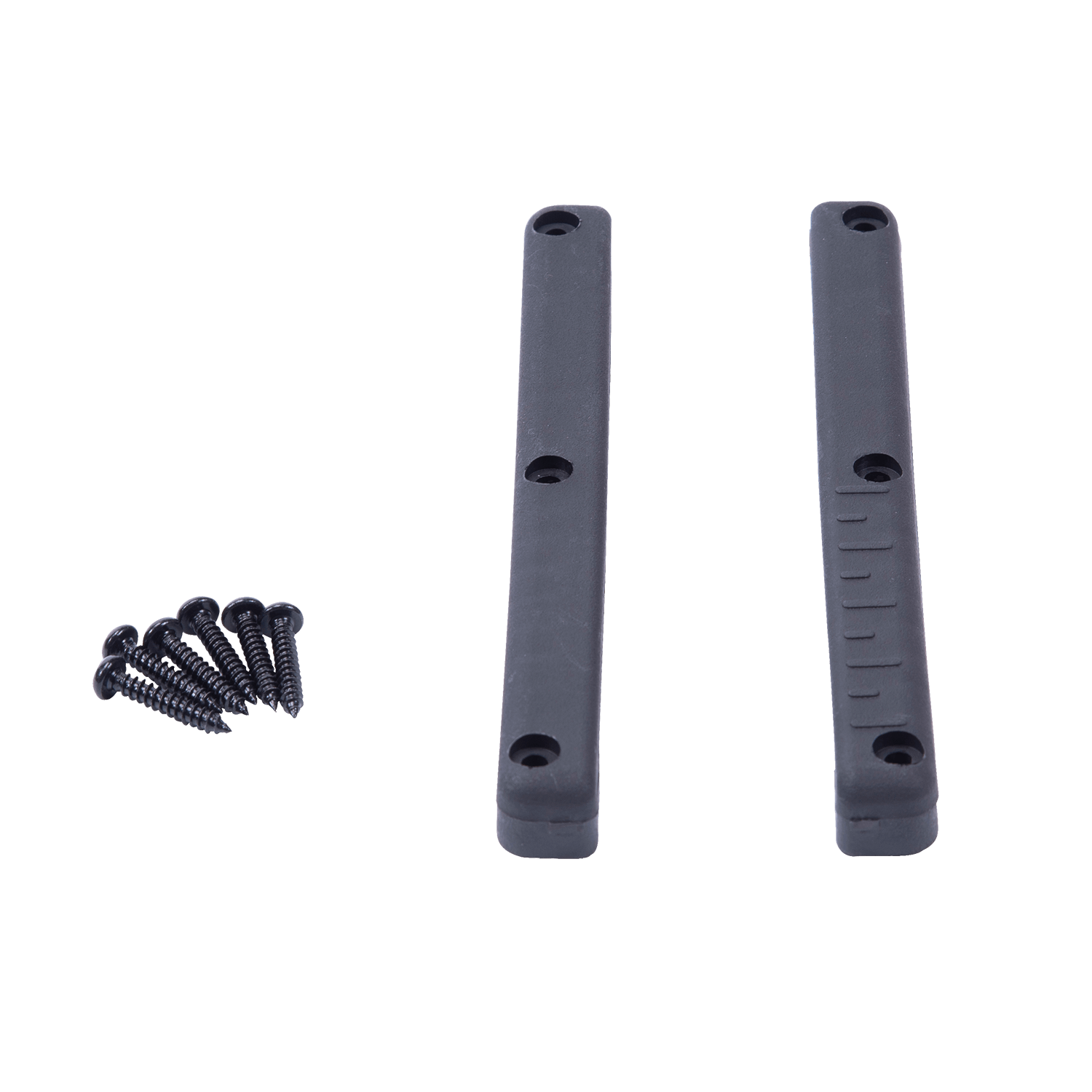 Top view of Horseshoe Heel Rubber Child showing two gray mounting strips and six black screws.