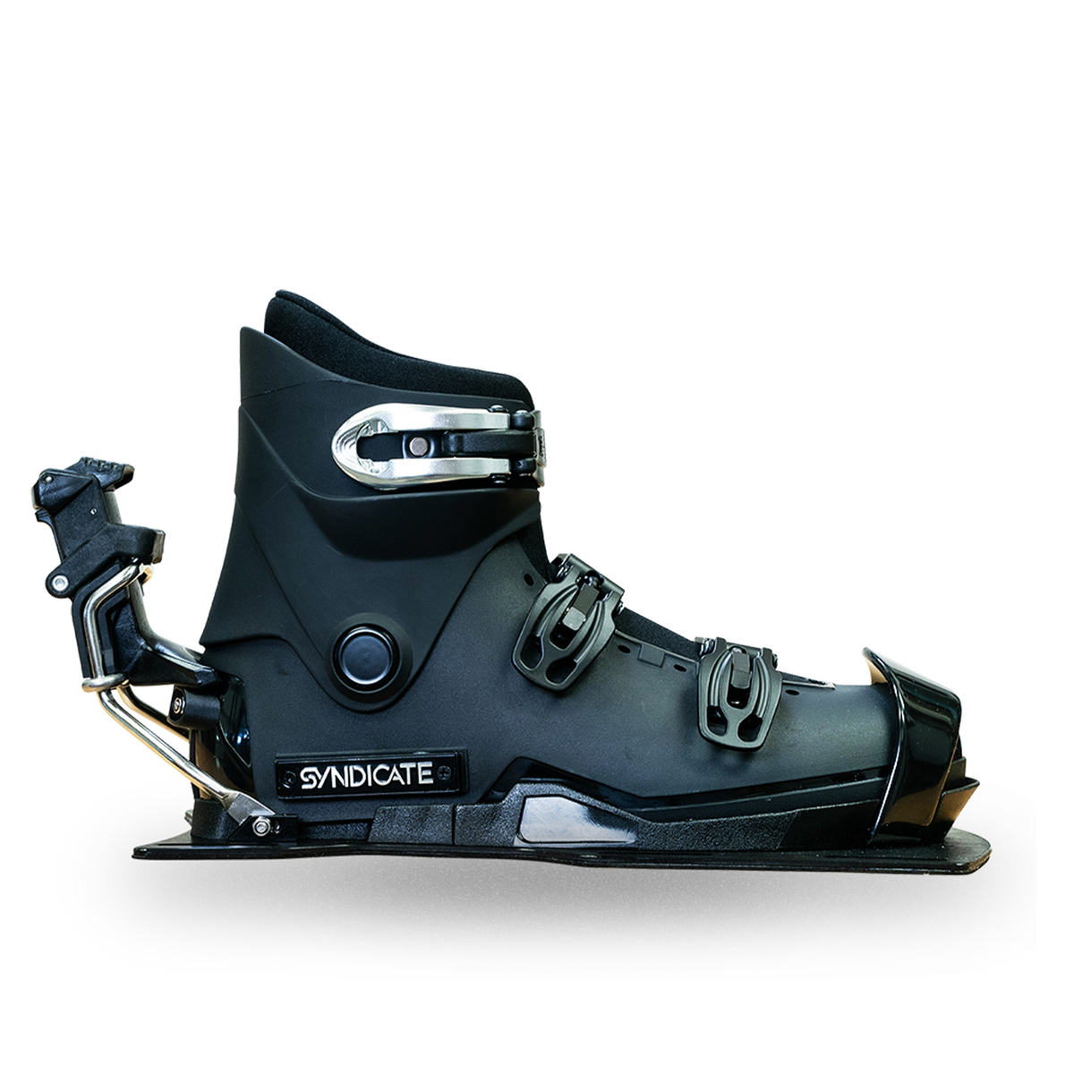 Side view of a black Syndicate Hardshell water ski boot and binding with buckles and release lever.