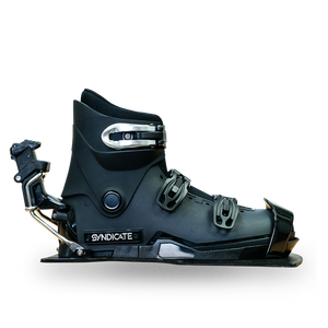 Side view of a black Syndicate Hardshell water ski boot and binding with buckles and release lever.