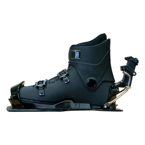 Side view of a black Syndicate Hardshell water ski boot and binding with cam buckles and release lever.