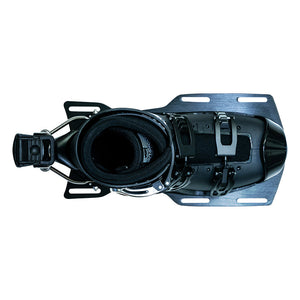 Top view of a black Syndicate Hardshell water ski boot showing the liner and aluminum mounting plate.