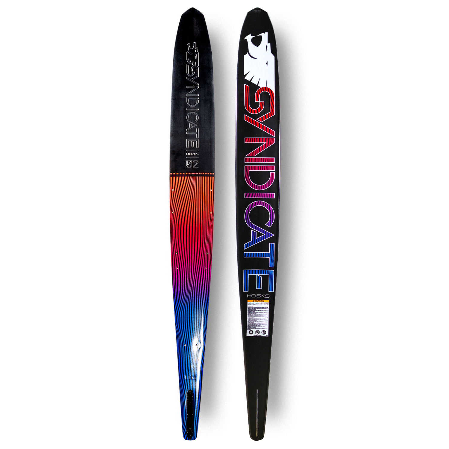 Front and back view of Syndicate Works 02 slalom ski with black surface, red-to-blue wave graphic, and Syndicate branding.
