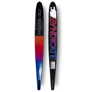 Front and back view of Syndicate Works 02 slalom ski with black surface, red-to-blue wave graphic, and Syndicate branding.