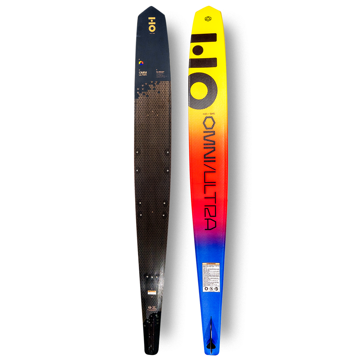 Front and back view of Omni Ultra Black slalom ski with dark carbon surface and yellow-to-blue gradient top.