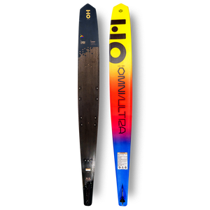 Front and back view of Omni Ultra Black slalom ski with dark carbon surface and yellow-to-blue gradient top.