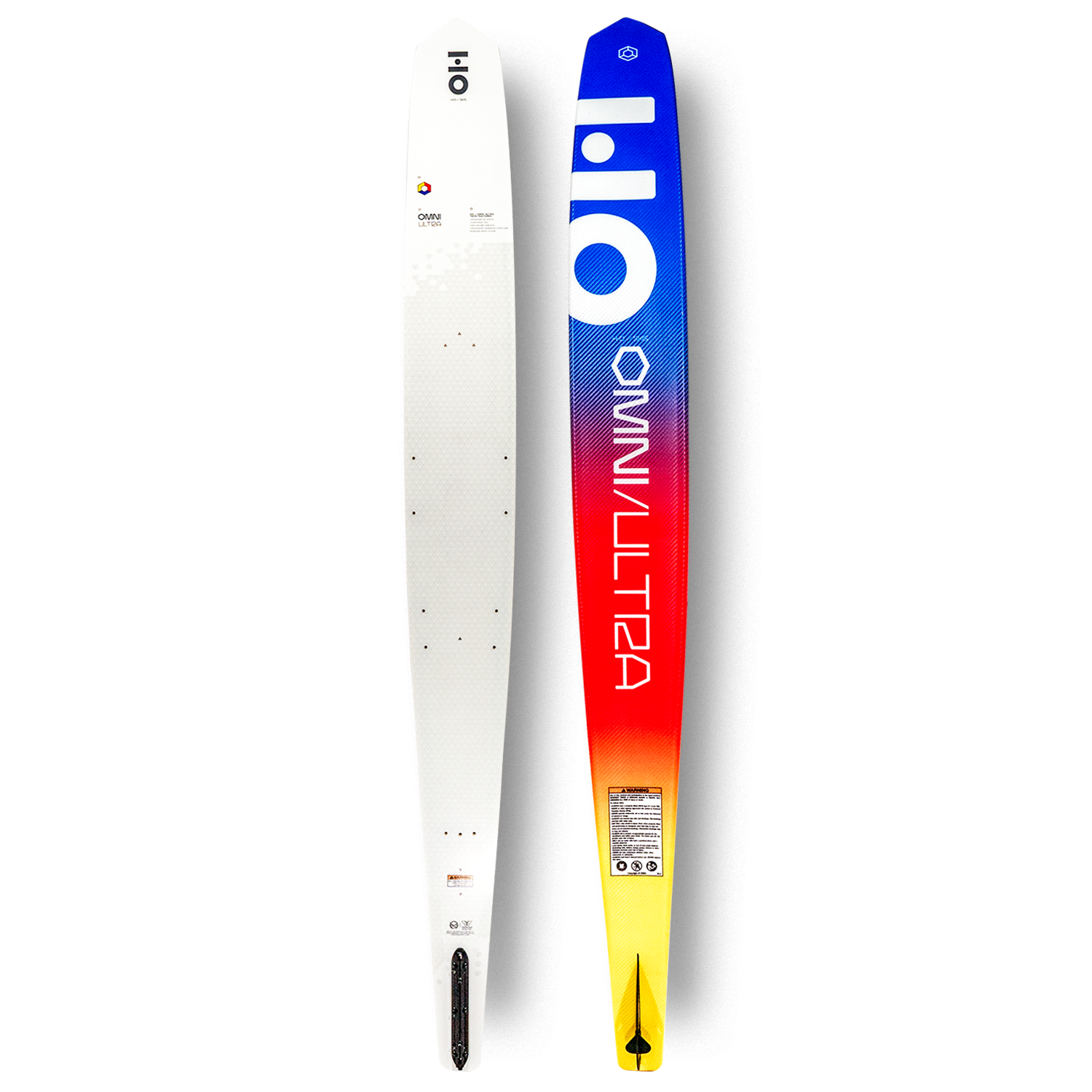Front and back view of Omni Ultra White slalom ski with white base and blue-to-yellow gradient top.