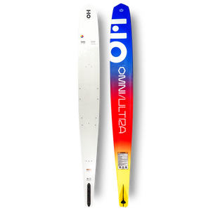 Front and back view of Omni Ultra White slalom ski with white base and blue-to-yellow gradient top.