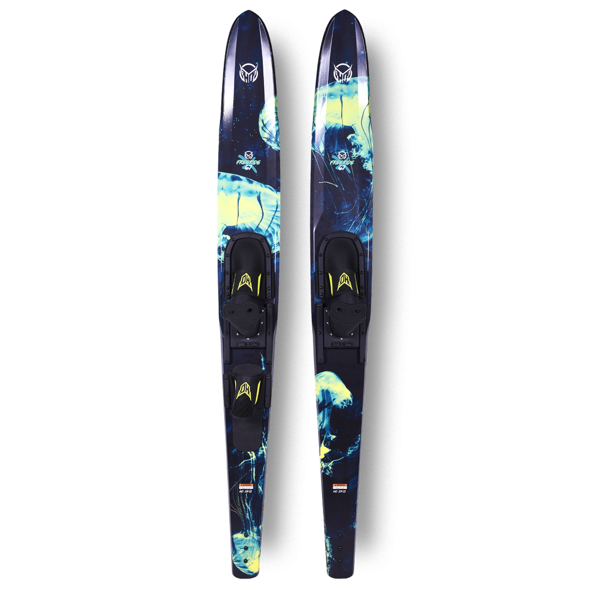 Pair of 67" Freeride Combo skis with dark navy surface, jellyfish graphic, and black bindings.
