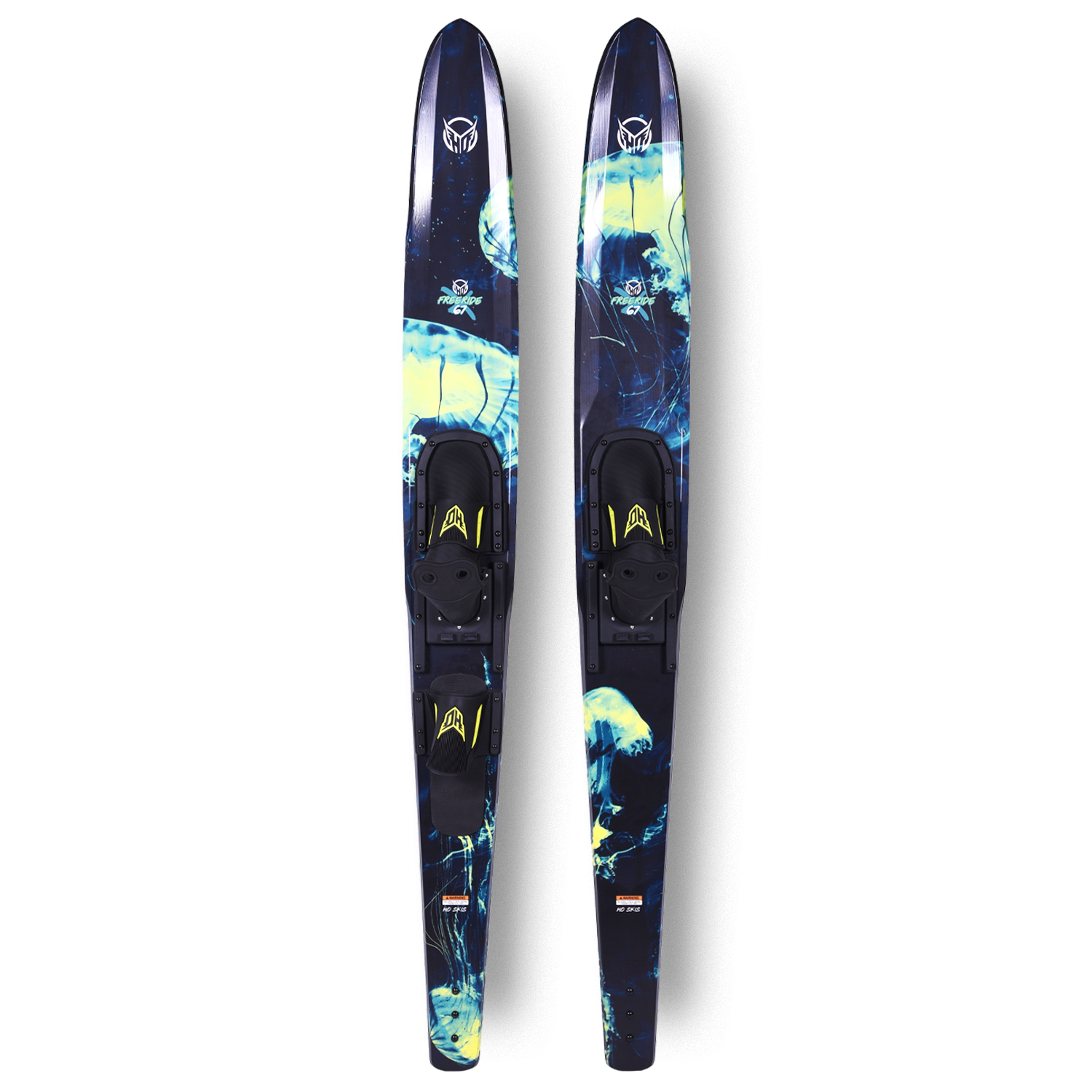 Pair of 67" Freeride Combo skis with dark navy surface, jellyfish graphic, and black bindings.
