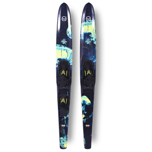 Pair of 67" Freeride Combo skis with dark navy surface, jellyfish graphic, and black bindings.