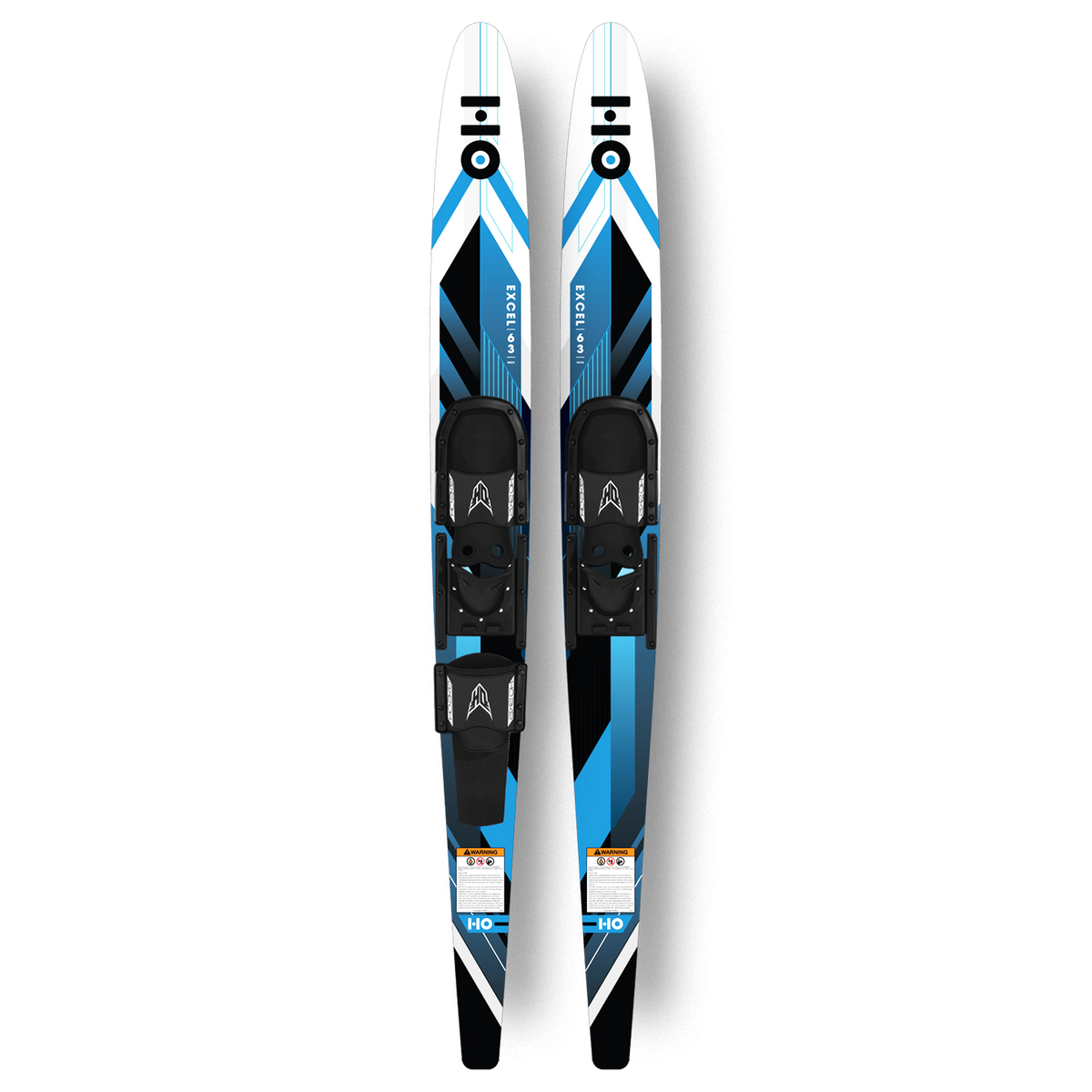 Pair of Excel Combo skis with white and blue geometric surface, Excel branding, and black bindings.
