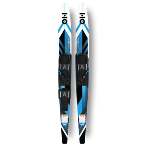 Pair of Excel Combo skis with white and blue geometric surface, Excel branding, and black bindings.