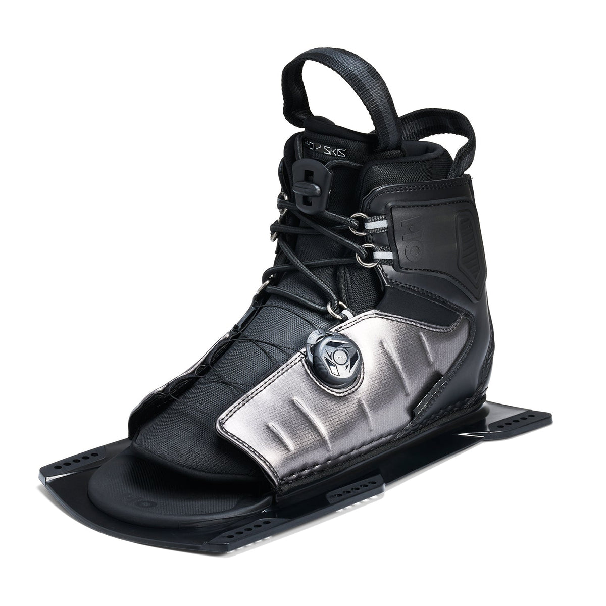 Angled view of a black and silver Stance ATOP front boot with a lace and dial closure.