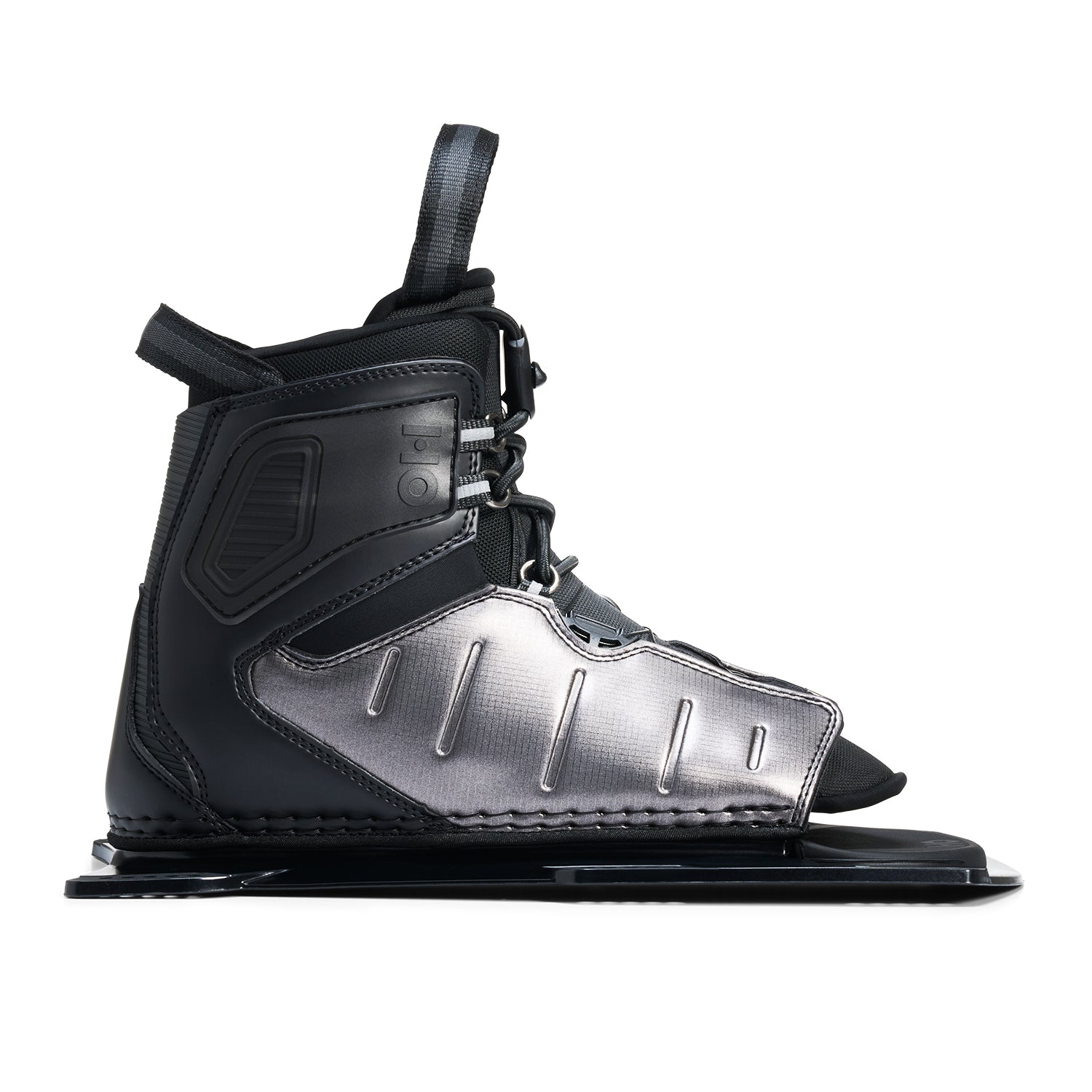 Side view of Stance ATOP Front Boot in black and silver with HO logo badge and lace system.