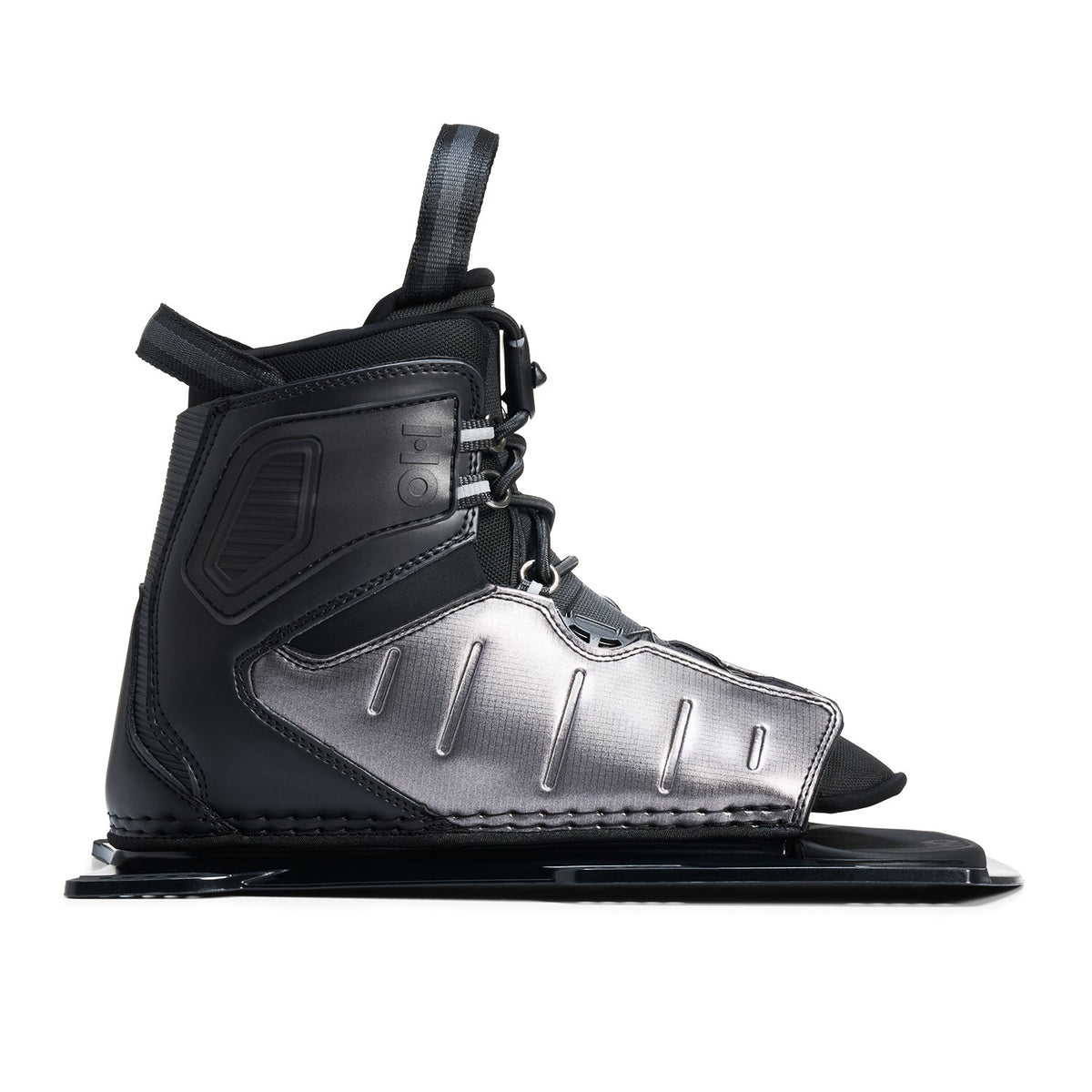 Side view of a black and silver Stance ATOP front boot with an open toe.