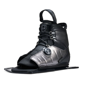 Angled view of a black and silver Stance ATOP front boot with a lace and dial closure.