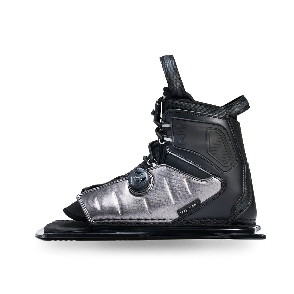 Side view of a black and silver Stance ATOP front boot with a lace and dial closure.