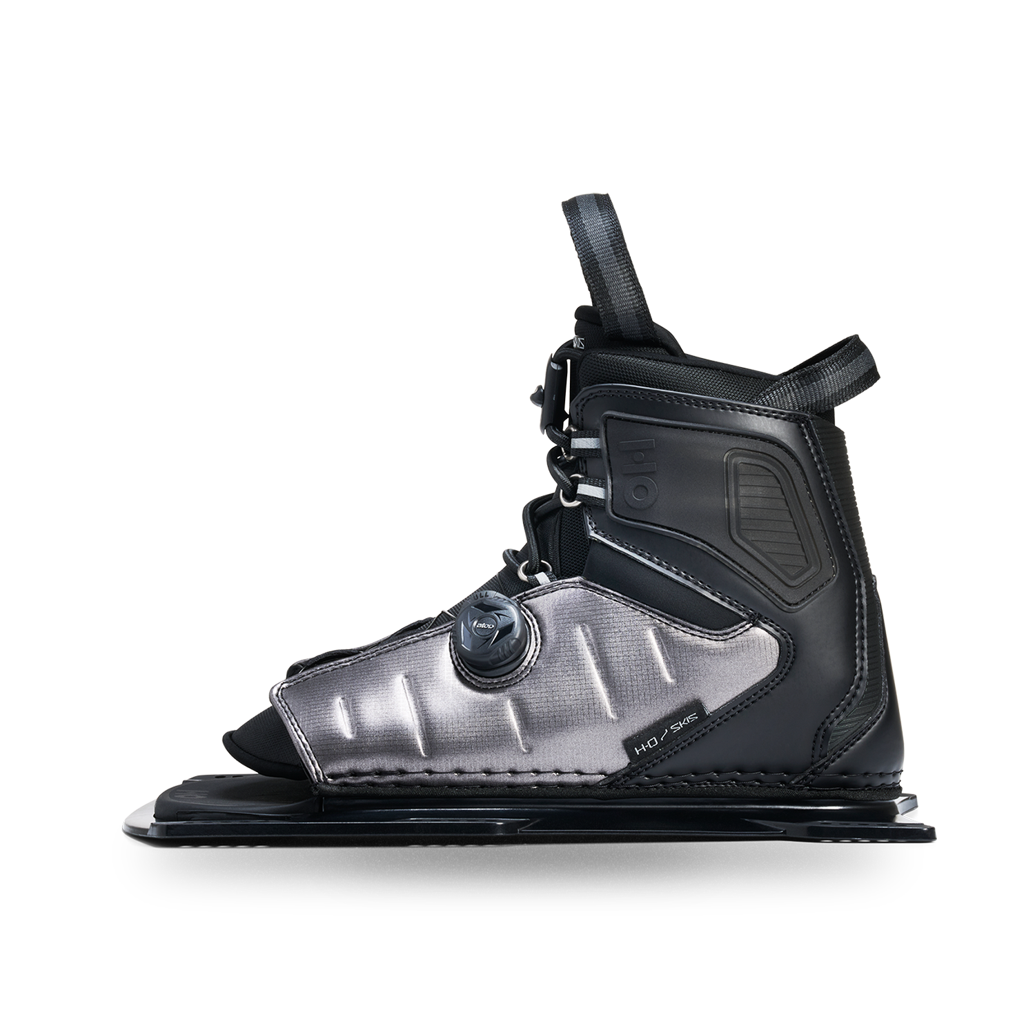 Side view of Stance ATOP Front Boot in black and silver with HO logo badge and lace system.