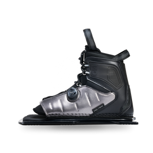 Side view of Stance ATOP Front Boot in black and silver with HO logo badge and lace system.