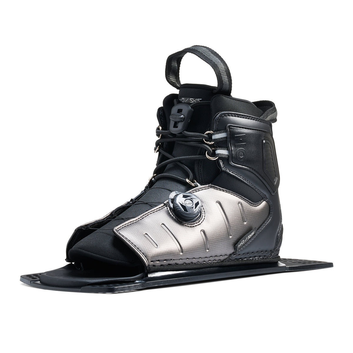 Front angled view of Stance ATOP Rear Boot in black and silver with BOA closure and lace system.