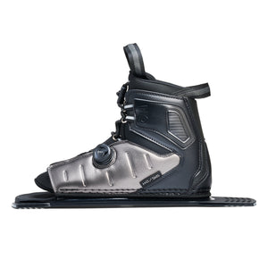 Side view of Stance ATOP Rear Boot in black and silver with HO logo badge and lace system.