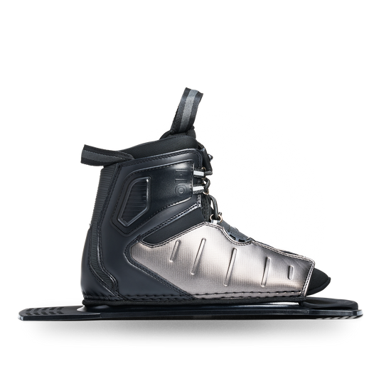 Side view of a black and silver Stance ATOP rear boot with laces and an open toe.