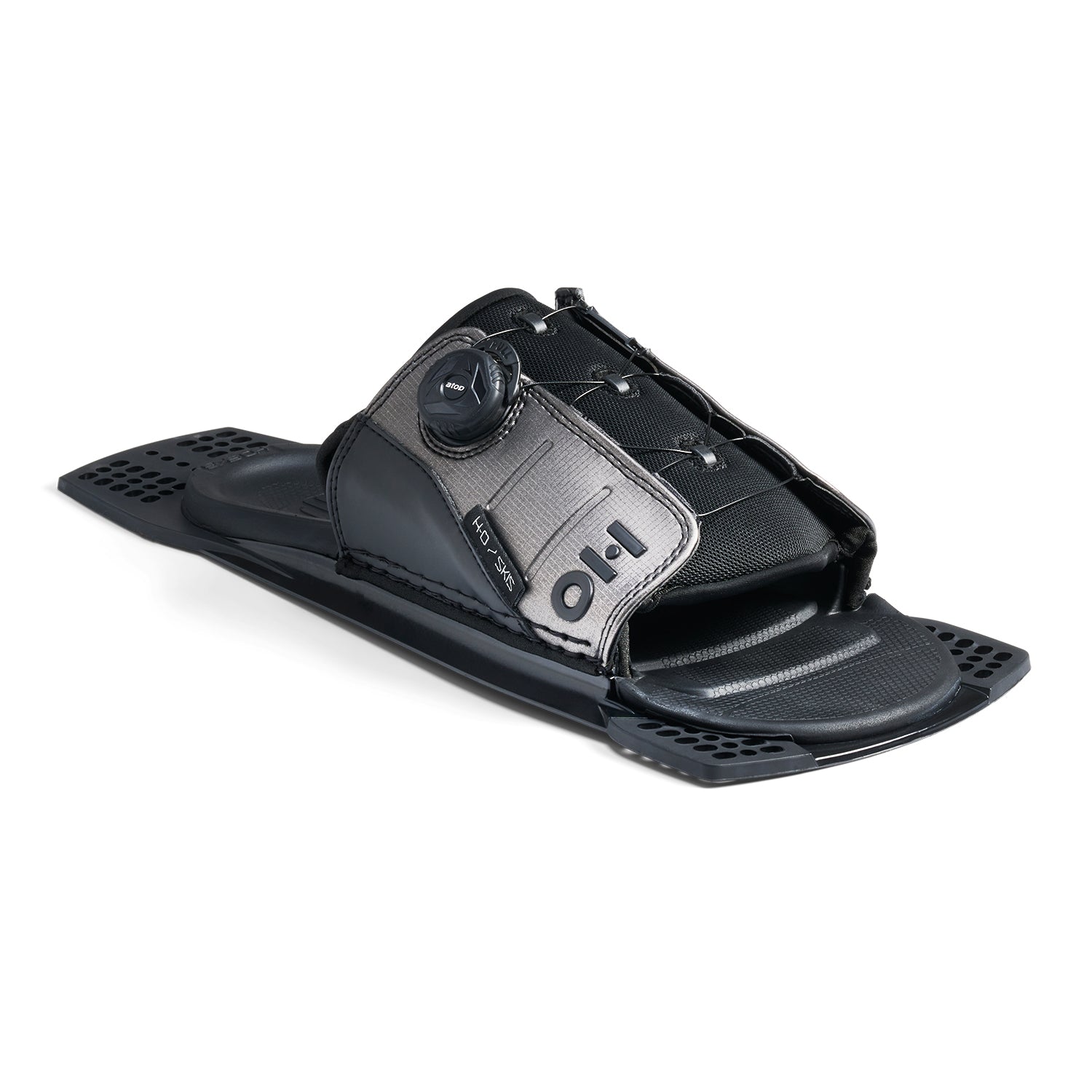 Angled view of Stance ATOP Adjustable Rear Toe Plate in black and silver with BOA closure.