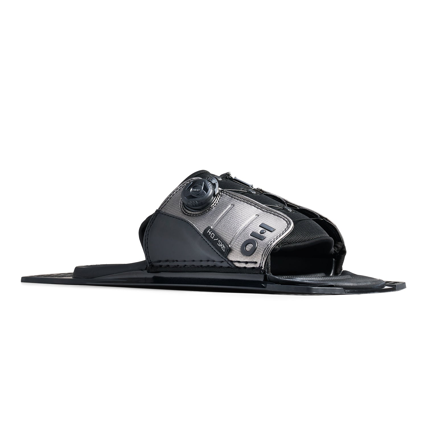 Side view of Stance ATOP Adjustable Rear Toe Plate in black and silver with BOA closure.