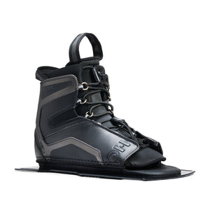 Side angled view of Stance Aluminum Front Boot in black with lace-up closure and binding plate.