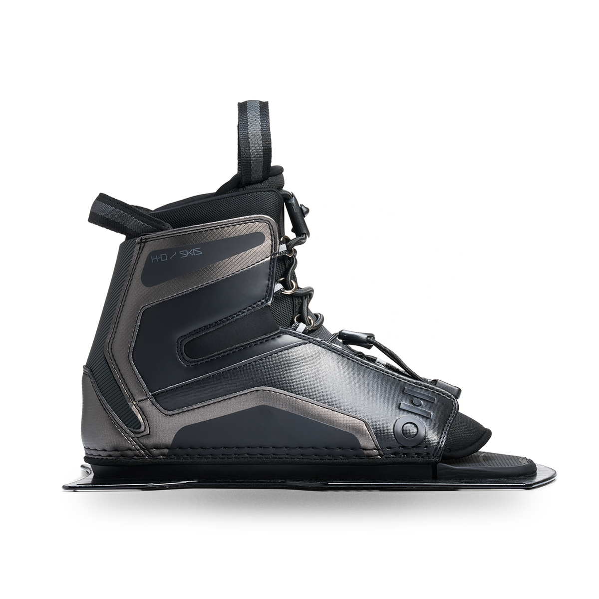Side view of Stance Aluminum Front Boot in black with lace-up closure and binding plate.