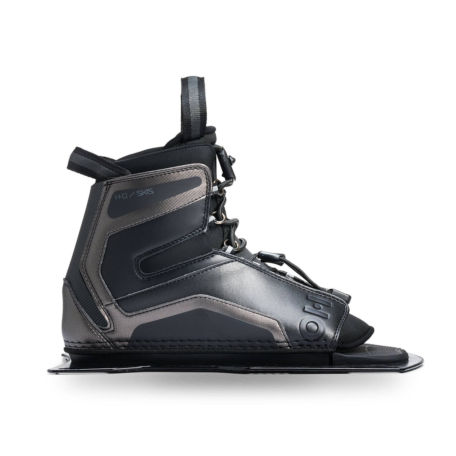 Side view of Stance Aluminum Front Boot in black with lace-up closure and binding plate.