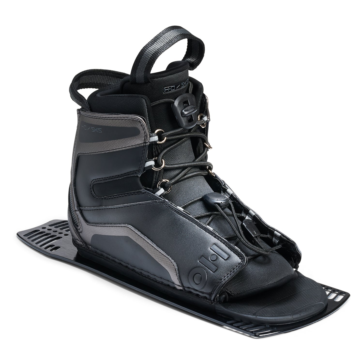 Front angled view of Stance Aluminum Rear Boot in black with lace-up closure and binding plate.