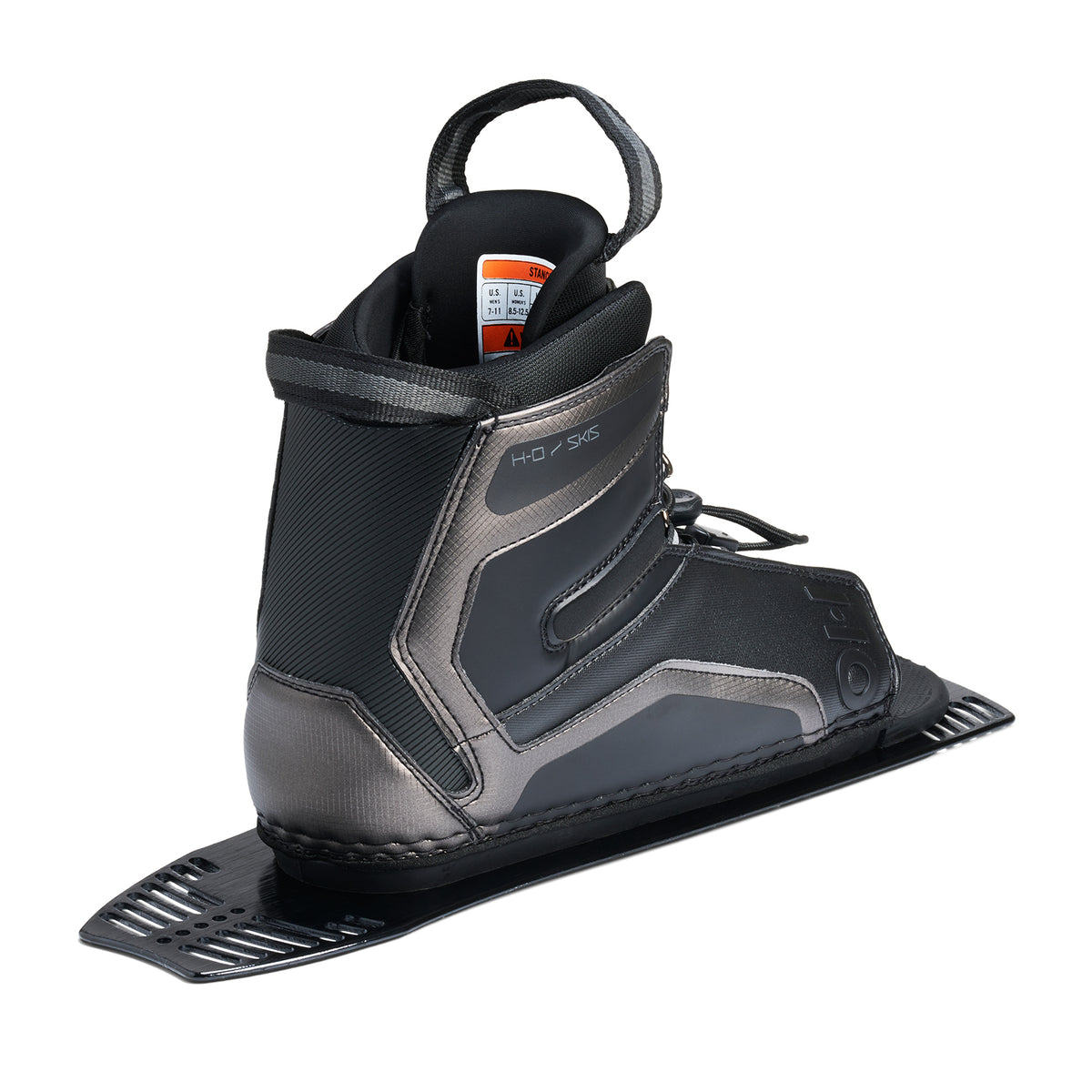 Rear angled view of Stance Aluminum Rear Boot in black showing ankle collar and binding plate.