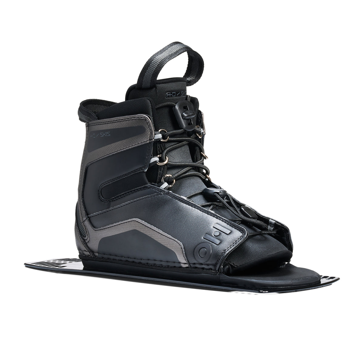 Side angled view of Stance Aluminum Rear Boot in black with lace-up closure and binding plate.