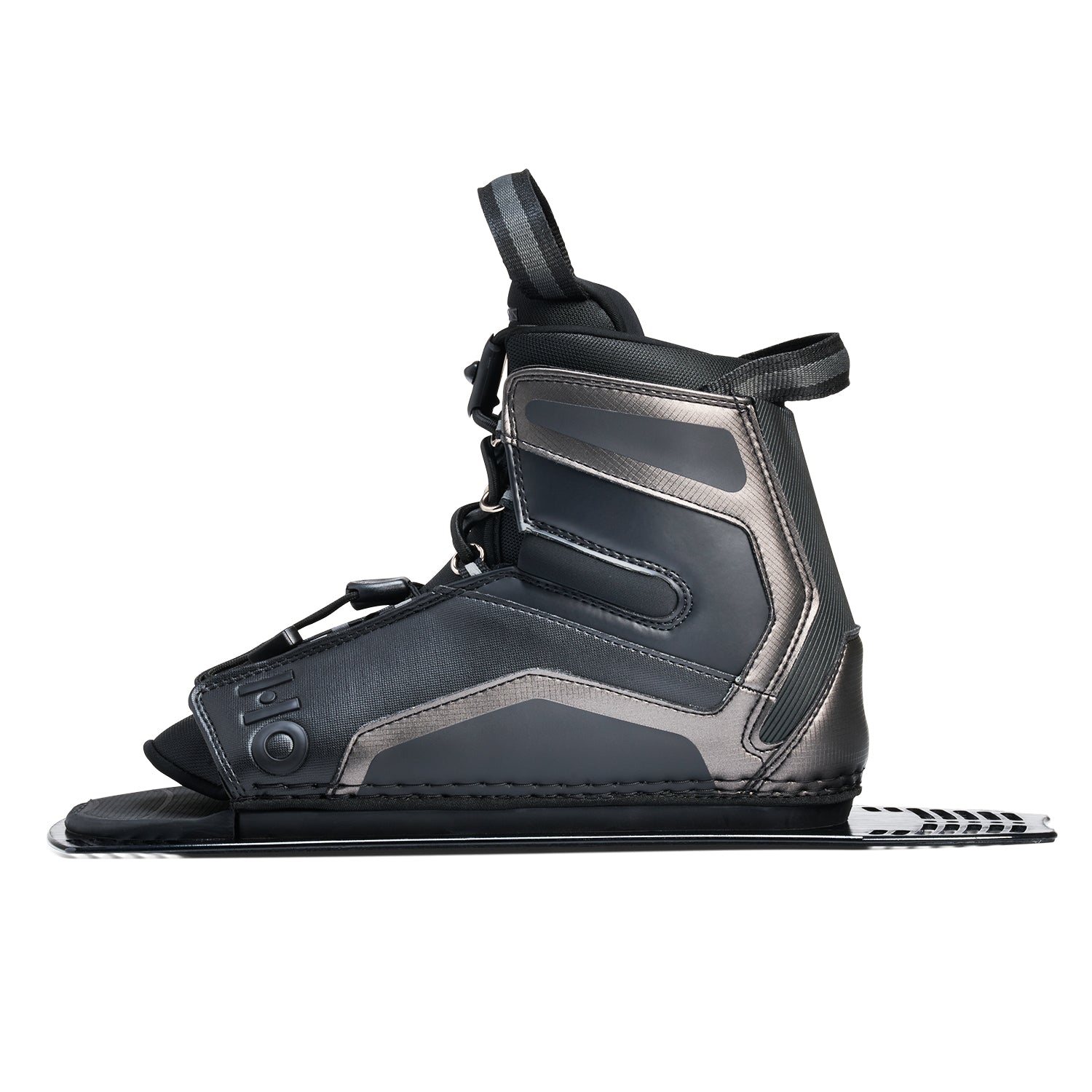 Direct side view of Stance Aluminum Rear Boot in black with lace-up closure and binding plate.