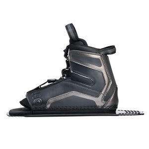 Direct side view of Stance Aluminum Rear Boot in black with lace-up closure and binding plate.