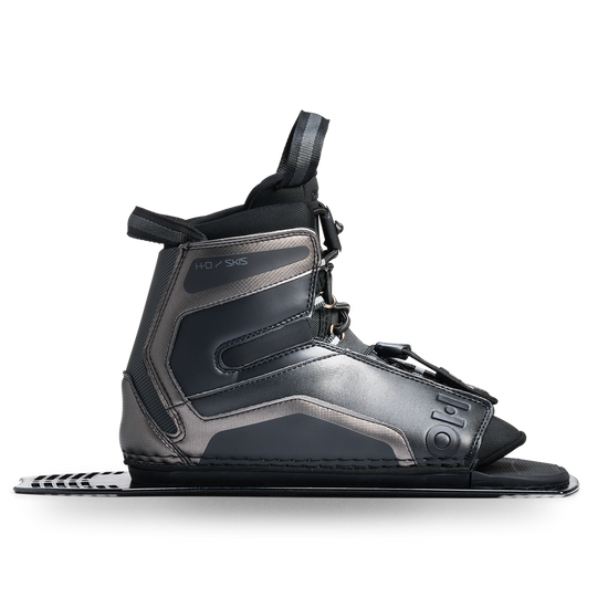Side view of the Stance Aluminum Rear Boot, gray and black lace-up upper with HO logo.