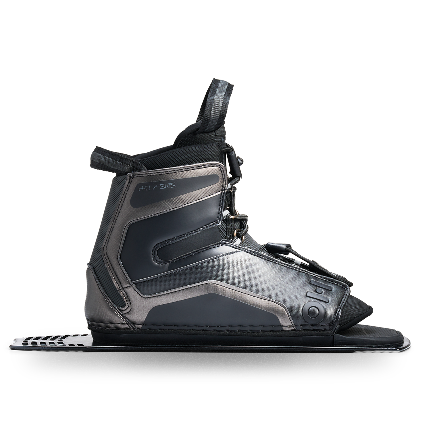 Side view of Stance Aluminum Rear Boot in black with lace-up closure and binding plate.