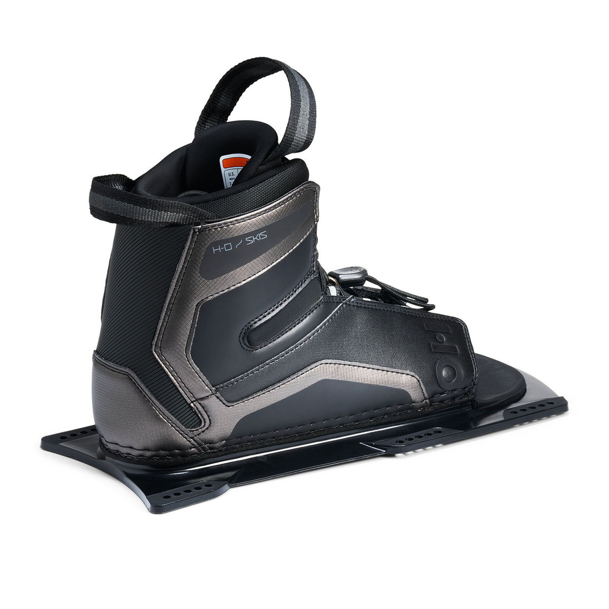 Rear angled view of Stance UltraLite Front Boot in black and gray with pull loop and size label.