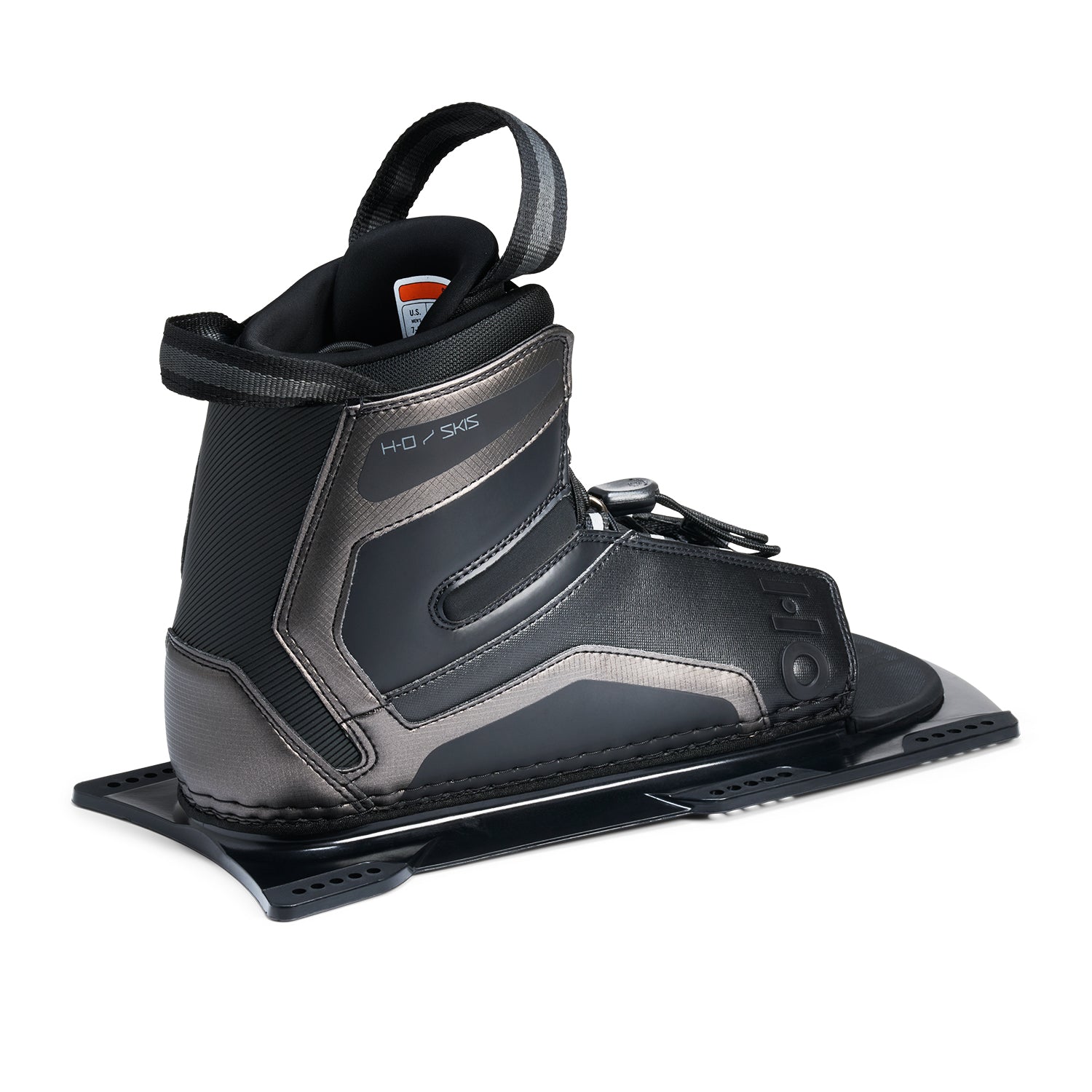 Rear angled view of Stance UltraLite Front Boot in black and gray with pull loop and size label.