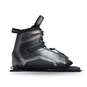 Side view of Stance UltraLite Front Boot in black and gray with HO Skis branding and lace system.