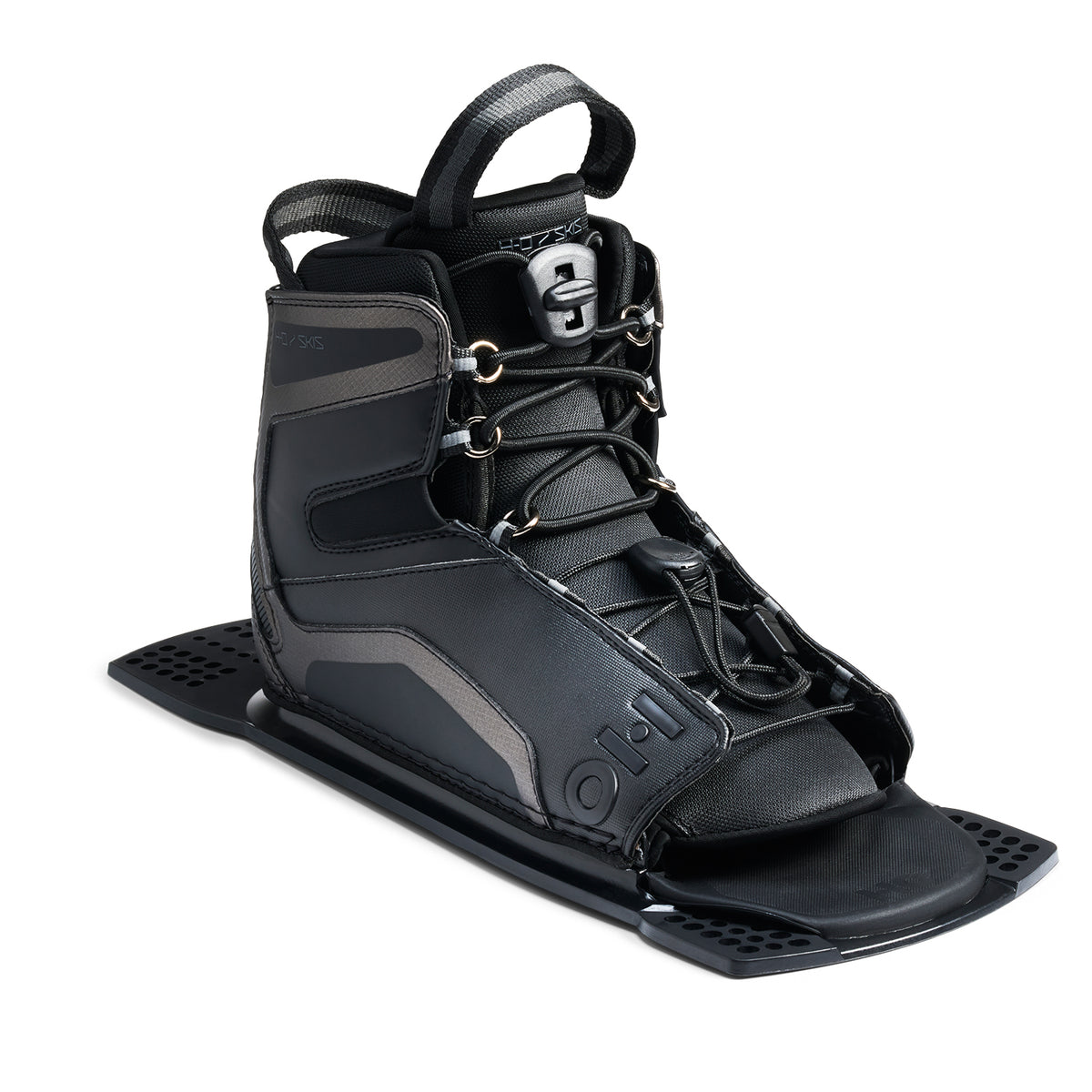 Angled view of Stance UltraLite Rear Boot in black and gray with lace system and pull loop.