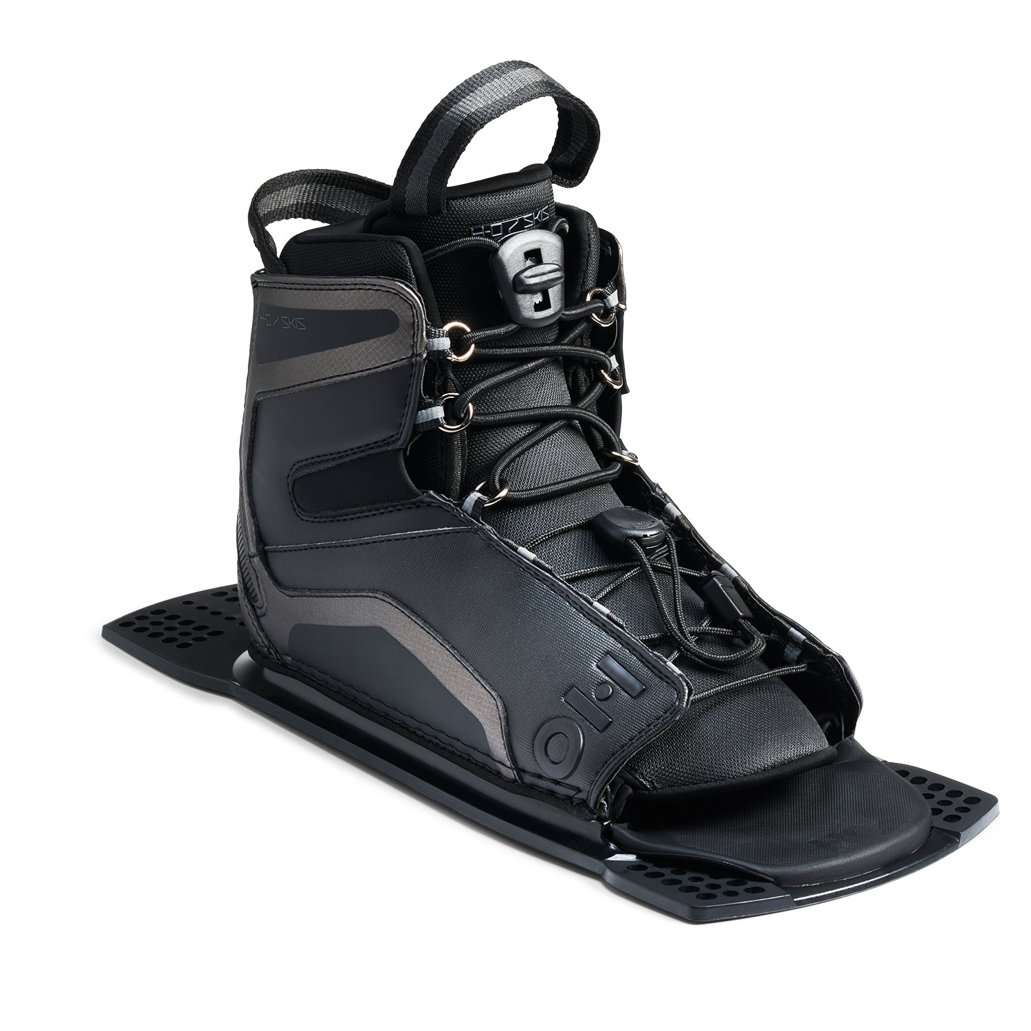 Angled view of Stance UltraLite Rear Boot in black and gray with lace system and pull loop.