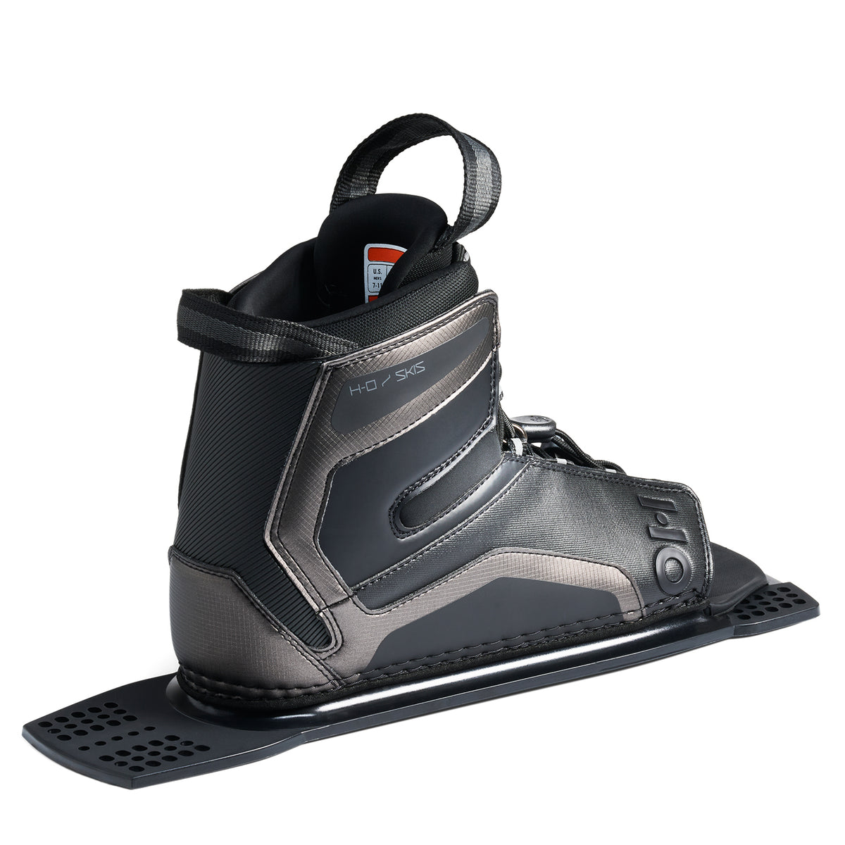 Rear angled view of Stance UltraLite Rear Boot in black and gray with pull loop and size label.