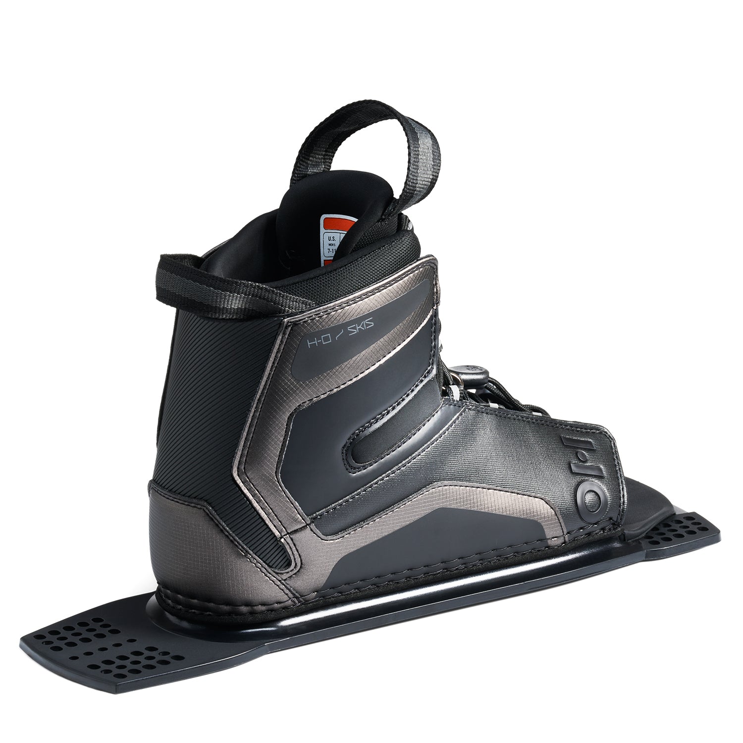 Rear angled view of Stance UltraLite Rear Boot in black and gray with pull loop and size label.