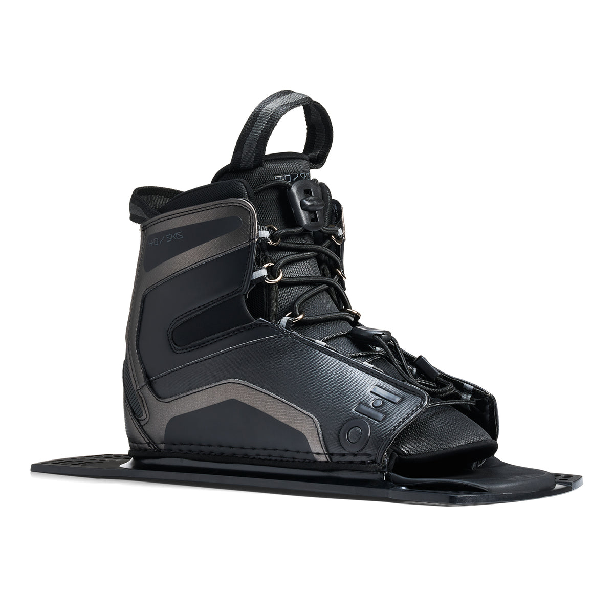 Angled view of Stance UltraLite Rear Boot in black and gray with HO logo and lace system.